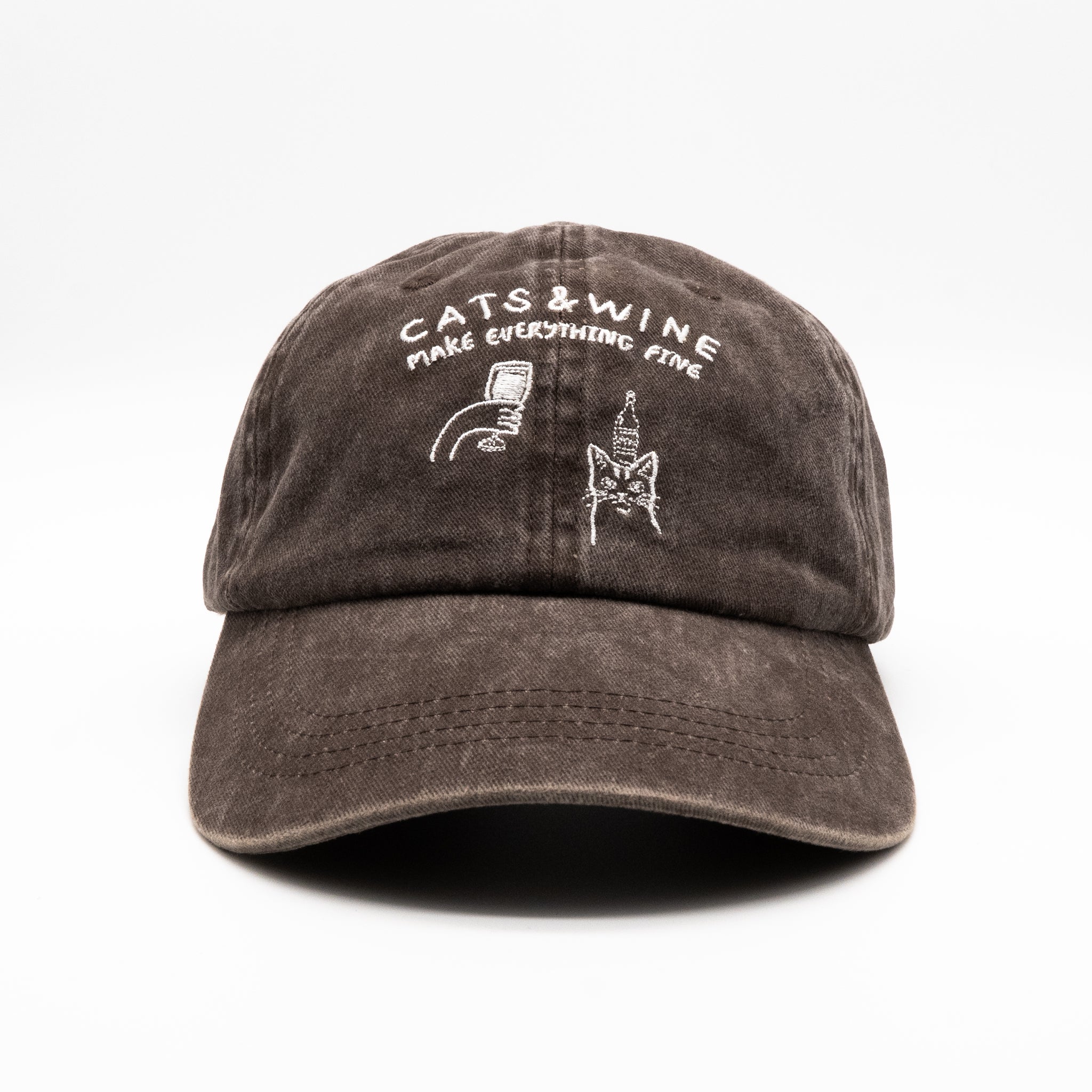Casquette en denim marron - Logo "Cats & Wine Make Everything Fine" 